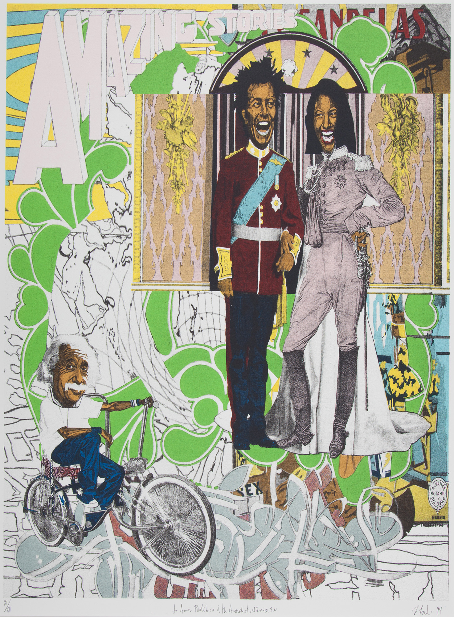 Claudio Dicochea, De Amor Prohibido y el Anaquista, El Emcee 2.0, 2014. Color lithograph on Rives BFK. Collection of DePaul Art Museum, Art Acquisition Endowment, 2014.42 
